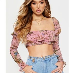 Pink long sleeve floral crop top